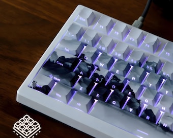 FrostVeil Keycaps: 135-Key Black & White Cherry Profile PBT Double-Shot Side-Print Shine-Through Mechanical Keyboard Set
