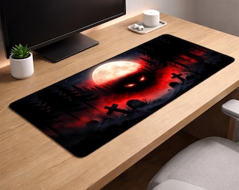 Dark Moon Horror Desk Mat XL – Gothic Graveyard Gaming Mouse Pad, Red Aesthetic Extended Deskpad