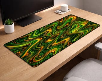 Abstract Green Swirl Desk Mat XL – Psychedelic Wave Gaming Mouse Pad, 3mm Thick Non-Slip Extended Deskpad