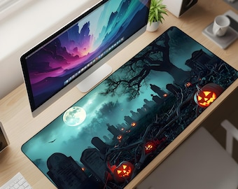 Halloween Graveyard Desk Mat XL – Spooky Pumpkin Mouse Pad, Gothic Night Extended Deskpad