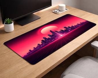 Retro Sunset Gaming Mouse Pad XL – Neon City Skyline Desk Mat, 3mm Thick Non-Slip Extended Mousepad