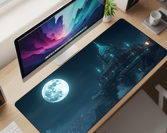 Cyber-City Lunar Citadel Desk Mat XL – Futuristic Night Skyline Mouse Pad, Sci-Fi Metropolis Aesthetic Extended Deskpad