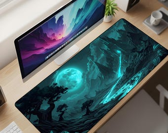 Luminous Lunar Hollow Desk Mat XL – Teal Crystal Valley Mouse Pad, Fantasy Night Landscape Extended Deskpad