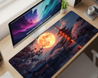 Golden Harvest Moon Pagoda Desk Mat XL – Sakura Sunset Temple Mouse Pad, Japanese Zen Aesthetic Extended Deskpad