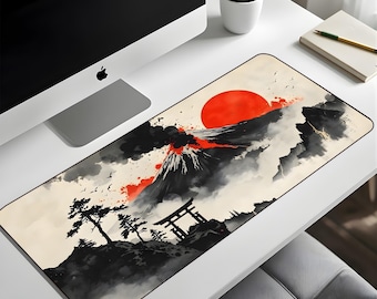 Japanese Volcano Desk Mat XL – Mount Fuji Ink Art Gaming Mouse Pad, Red Sun Aesthetic Extended Deskpad