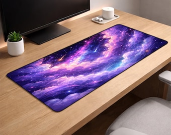 Galaxy Gaming Mouse Pad XL – Aesthetic Purple Nebula Desk Mat, 3mm Thick Non-Slip Extended Mousepad