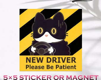 Bumper Magnet and Sticker, New Driver Please Be Patient, Cute New Driver Car Decor, Gen Z Humor Meme Sticker, Waterproof Vinyl Sticker,5"×5"