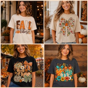 Könnte beinhalten: Eine Kollektion von vier kurzärmeligen T-Shirts in Beige, Schwarz und Dunkelgrau. Die T-Shirts zeigen grafische Drucke von Kürbissen, Schleifen und Blumenmustern mit herbstlichen Motiven. Ein T-Shirt trägt den Schriftzug Fall Vibes.