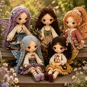 May include: Five crocheted dolls with large eyes and yarn hair in various colors, each wearing detailed outfits with lace-like textures and delicate wings. The dolls are arranged on a wooden bench surrounded by small white and purple flowers.