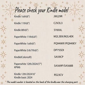 May include: A beige graphic with text that reads "Please check your Kindle model." Lists Kindle models and their corresponding model numbers. The text at the bottom says, "The model number is located on the back of the kindle, near the charging port."