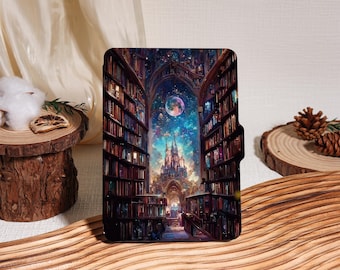 May include: A black tablet case featuring a fantasy library scene with bookshelves, a castle, and a celestial sky. The case is open, revealing the detailed artwork. The overall theme is fantasy and literature.