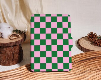 Pink and Green Plaid Kindle Case with Hand Strap, Kindle 2019/2022, Kindle 10th 11th Case,Kindle Paperwhite 2021 Case With Auto Wake/Sleep