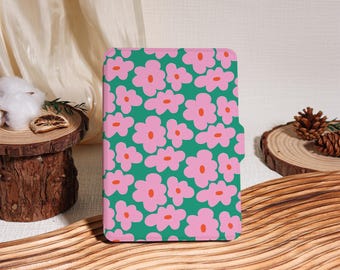 Pink Flowers on Green Kindle Case with Hand Strap, Kindle 2019/2022, Kindle 10th 11th Case,Kindle Paperwhite 2021 Case With Auto Wake/Sleep