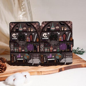May include: Two-piece phone case featuring a whimsical witchy bookshelf design. The dark brown shelves are filled with potion bottles, books, a skull, and a sleeping gray cat. The case has a decorative, gothic-inspired arch.