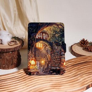 May include: A colorful illustration of a fantasy library scene. The image features a detailed depiction of a library with bookshelves, stairs, and warm lighting. The scene is set within a tree, creating a whimsical and inviting atmosphere.
