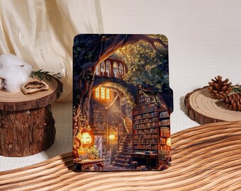 May include: A colorful illustration of a fantasy library scene. The image features a detailed depiction of a library with bookshelves, stairs, and warm lighting. The scene is set within a tree, creating a whimsical and inviting atmosphere.