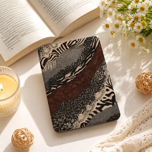 Brown Animal Print Patchwork Kindle Case, Custom Kindle 8/10/11/12 Colorsoft with Hand Strap, KPW 12/11/10th, Kobo Clara Cover, Gift for Her