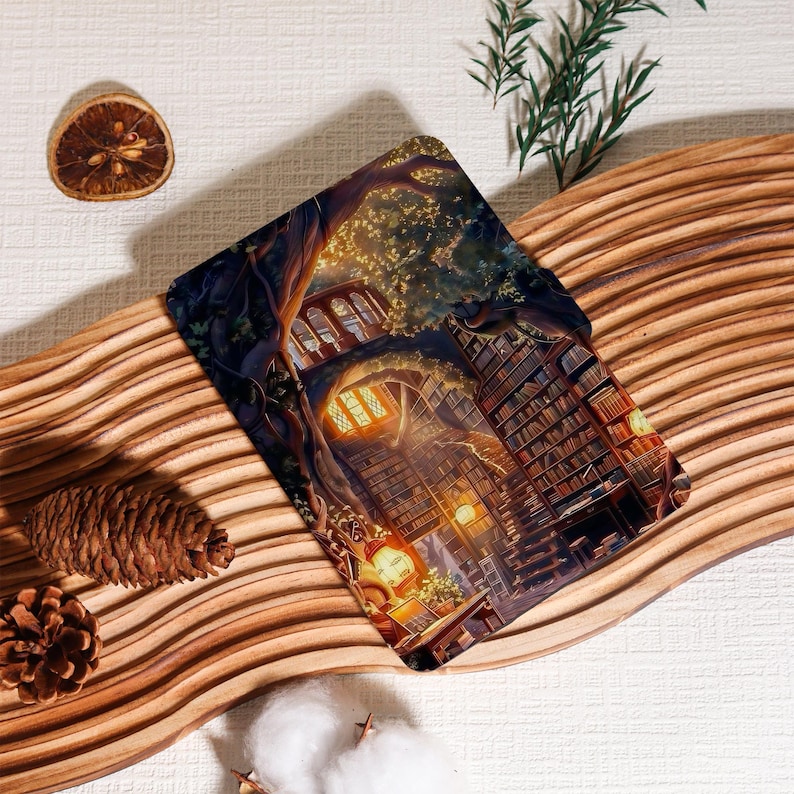 May include: A decorative item featuring a detailed illustration of a whimsical library built into a tree. The image showcases bookshelves, warm lighting, and a cozy reading nook. The item is placed on a wooden surface with decorative elements.