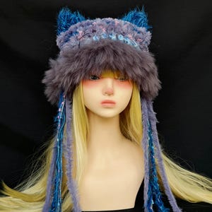 Fantasy Cat Ear Furry Hat, Handmade Plush Winter Hat, Blue Purple Faux Fur Beanie, Fairycore Festival Hat, Kawaii Animal Ear Hat