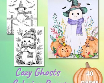 Cozy Ghosts Coloring Pages, 40 Cute Halloween and Autumn Coloring Book, Printable Ghost Art, Kawaii Spooky Cute PDF Instant Download