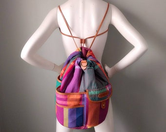 Vintage 1990s Ralph Lauren Cotton Madras Leather Trim Backpack Convertible Bucket Crossbody Bag GIFT Valentine's Day