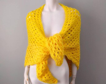 Vintage Lemon Yellow Wool Crochet Afghan Knit Shawl 1980s 1970s GIFT XMAS