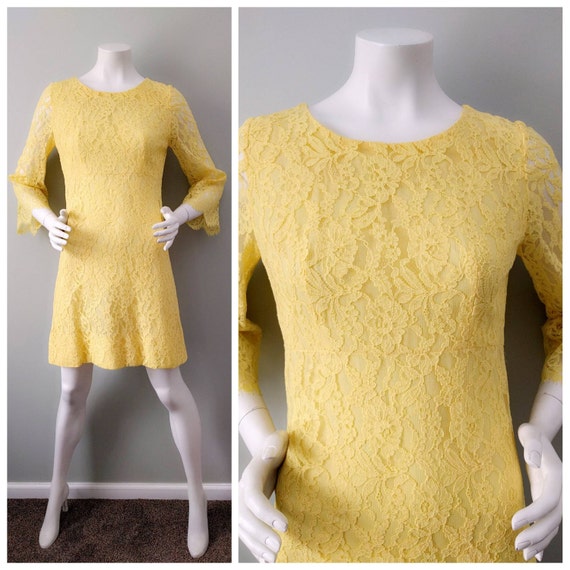 Vintage 70s Lemon Drop Yellow Lace Mini Dress Ang… - image 2