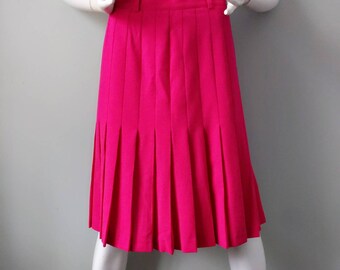 Vintage 1990s Jean Louis Scherrer Paris Magenta Pink Pleated Schoolgirl Wool Skirt W28" v-day