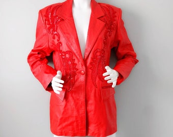 Vintage 1990s Red Leather India Paisley Applique Sequin Beaded Blazer Jacket L XL