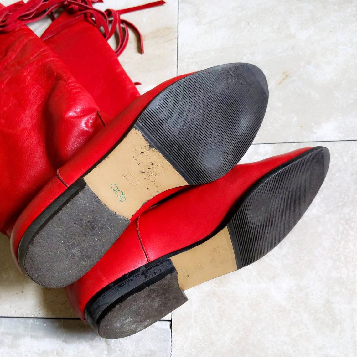 Vintage 1980s Elastomere Italy Red Leather Fringe Faux Fur