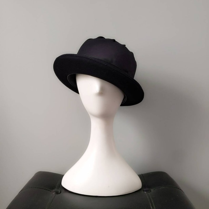 Rare Vintage 1990's Emporio Armani Italy Black Satin Top Wool Hard Bowler Hat image 1