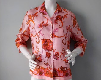 Raro 1970 Alex Colman California Vintage Rosa Naranja Satin Paisley Pajama Camisa S