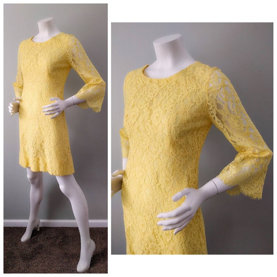 Vintage 70s Lemon Drop Yellow Lace Mini Dress Ang… - image 1