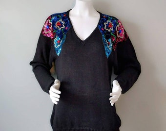 Vtg 80s 90s Heavily Beaded Sequin Shoulder V Neck Holiday Ramie Cotton Sweater M