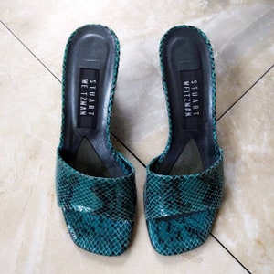Vintage Y2K Stuart Weitzman Teal Green Leather Snakeskin Python Kitten Low Heel Slide Sandals 5B 35 35.5