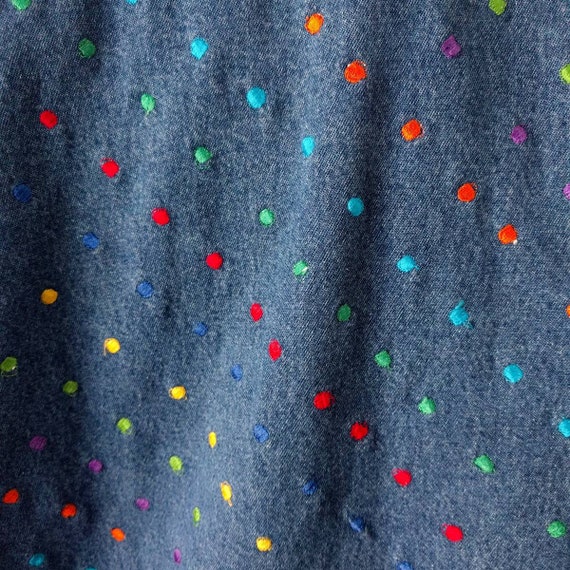 Vintage 1990s Rainbow Polka Dot Embroidered Denim… - image 5