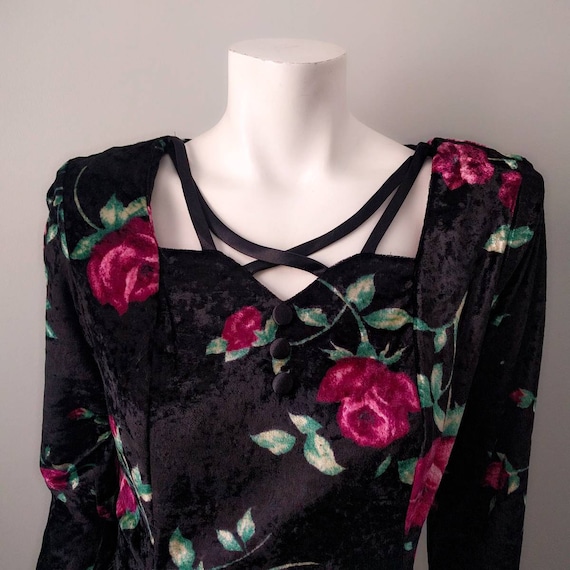 Vintage 1990s Punk Goth Velvet Rose Floral Mini D… - image 2