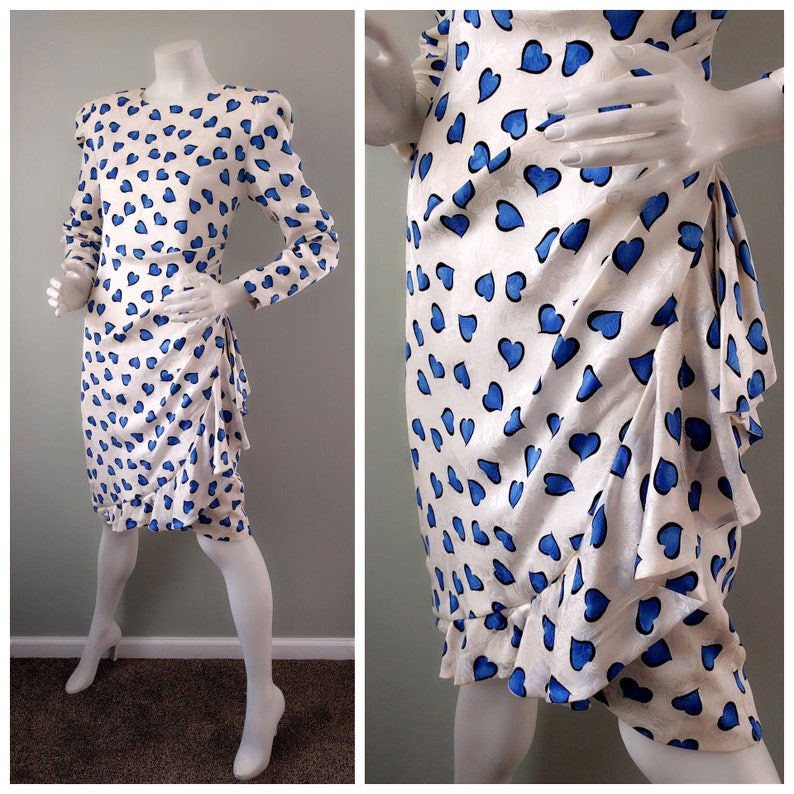 Vintage 1980s CH Carolina Herrera Blue Heart Print White Silk Brocade Side Ruffle Dress 12 M B38 GIFT XMAS image 1