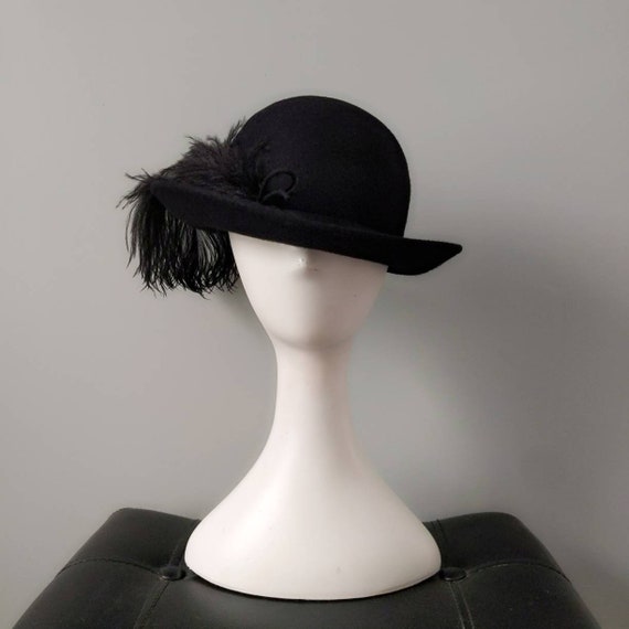 Vintage 1970s Ms. Jo Ann Black Wool Bowler Hat With Epic  display picture 1