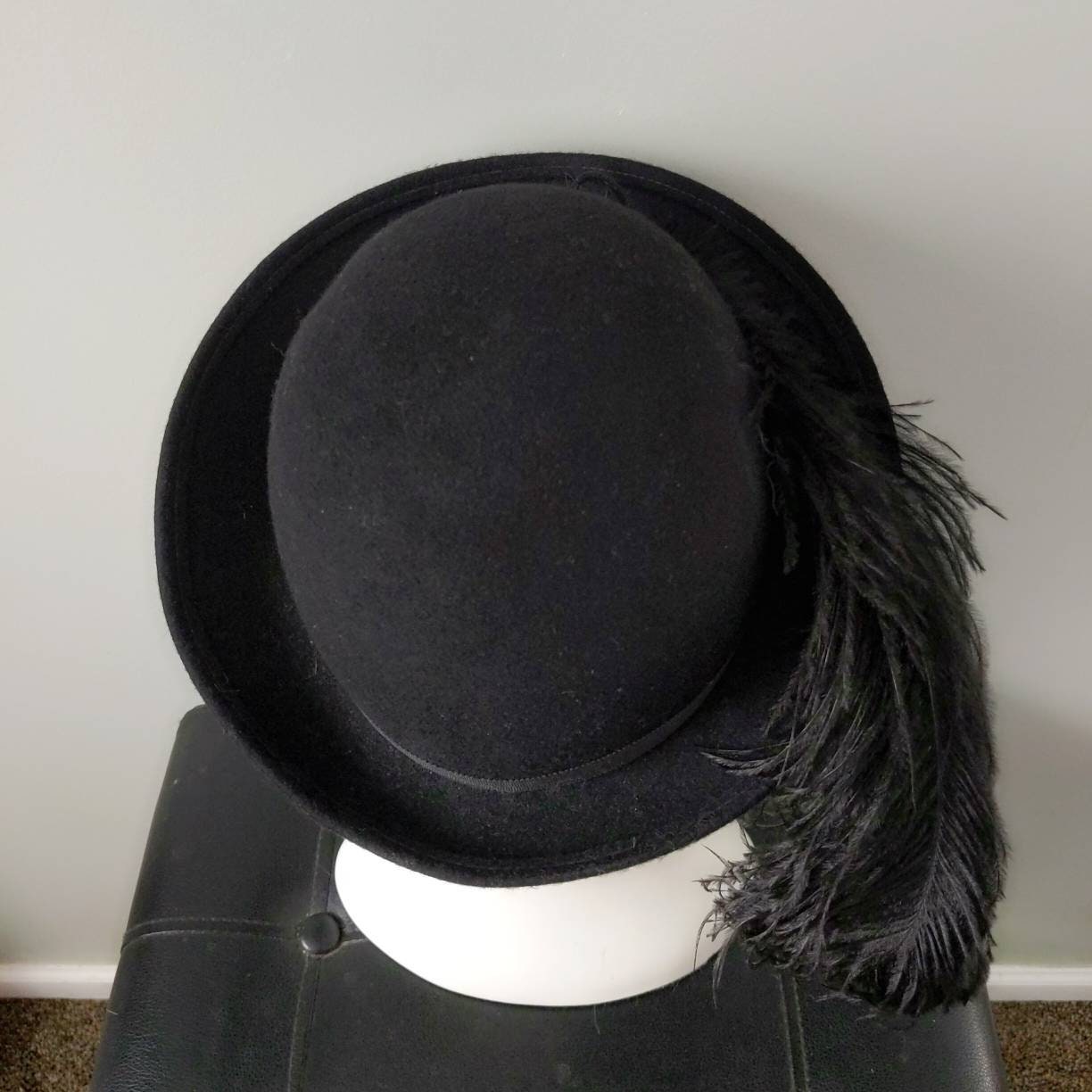 Vintage 1970s Ms. Jo Ann Black Wool Bowler Hat With Epic 