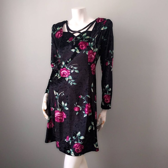 Vintage 1990s Punk Goth Velvet Rose Floral Mini D… - image 3