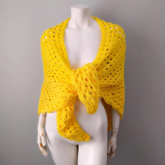 Vintage Lemon Yellow Wool Crochet Afghan Knit Shaw