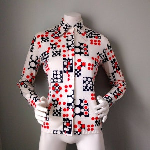 vintage Joyce Red White Blue Domino Polka Dot Print Poly Shirt S GIFT Valentine&#39;s V-Day