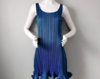 Vintage 1990s Y2K Issey Miyake Iridescent Pleated Tank Ruffle Hem Dress M Blue Green Mermaid Bergdorf Goodman