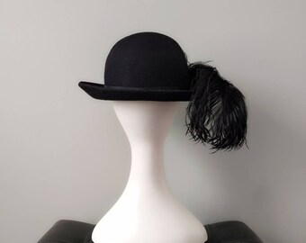Vintage 1970s Ms. Jo Ann Black Wool Bowler Hat with Epic Huge Ostrich Feather Vintage 1970s Ms. Jo Ann Black Wool Bowler Hat With Epic  main image 4