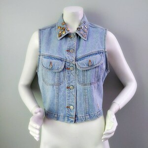 Vintage 1990s Old Navy OOAK Studded Collar Denim Trucker Vest M Silver Gold Buttons B37&quot; GIFT XMAS