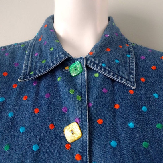 Vintage 1990s Rainbow Polka Dot Embroidered Denim… - image 7