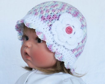 Crocheted Little Girls Cap Hat with Flower Pink Blue White