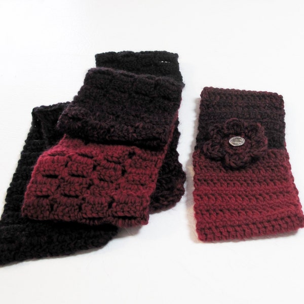 Crocheted Acrylic,Wool Red Black Scarf and Headband,Ear Warmer Set