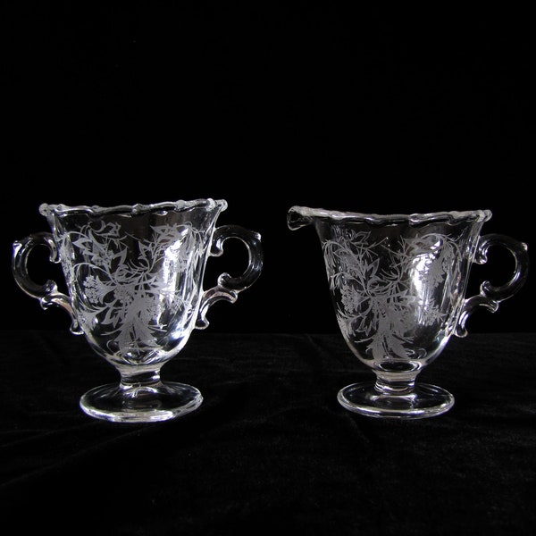 Fostoria Etched Heather Sugar and Creamer Elegant Glassware